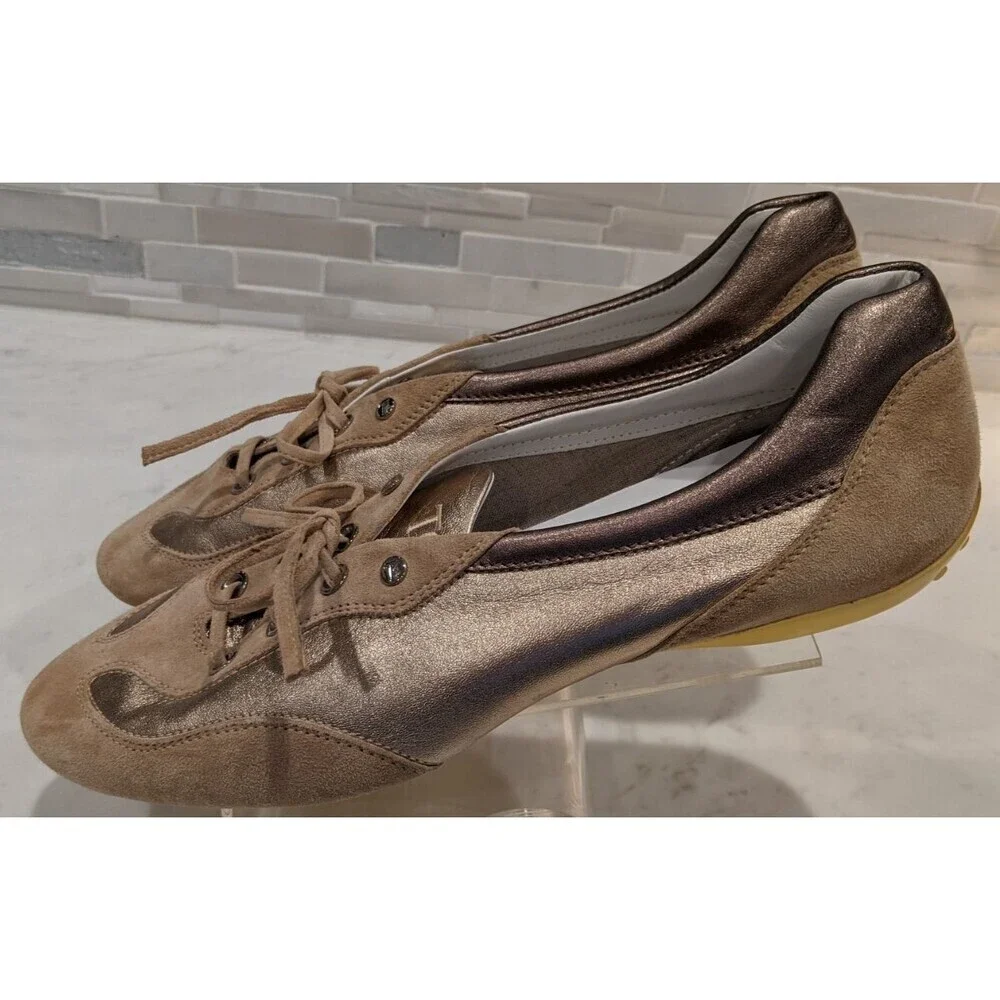 Women's TOD'S Beige Leather & Metallic Gold/Pewter Leather Low-Top Sneakers 11.5
